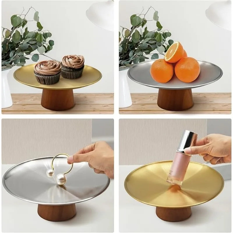 Stainless Steel Cake Tray Wooden Base