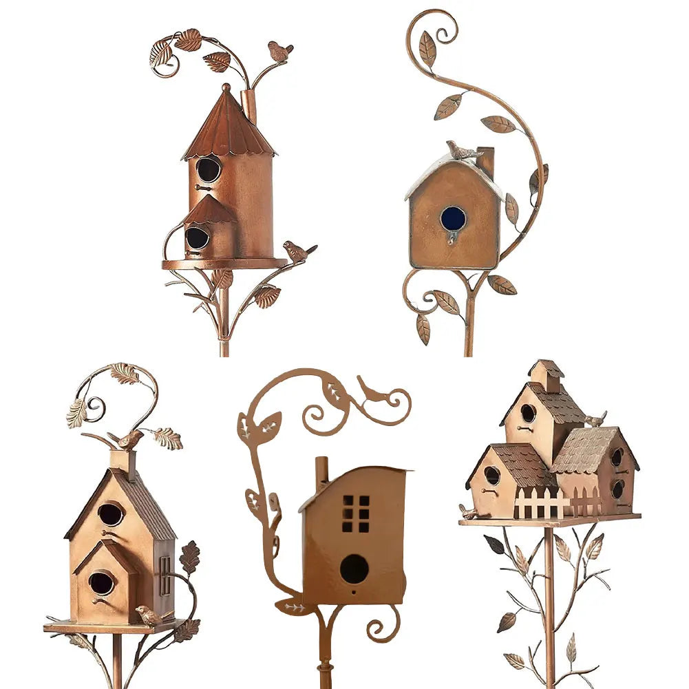 Metal Birdhouse with Garden Stakes
