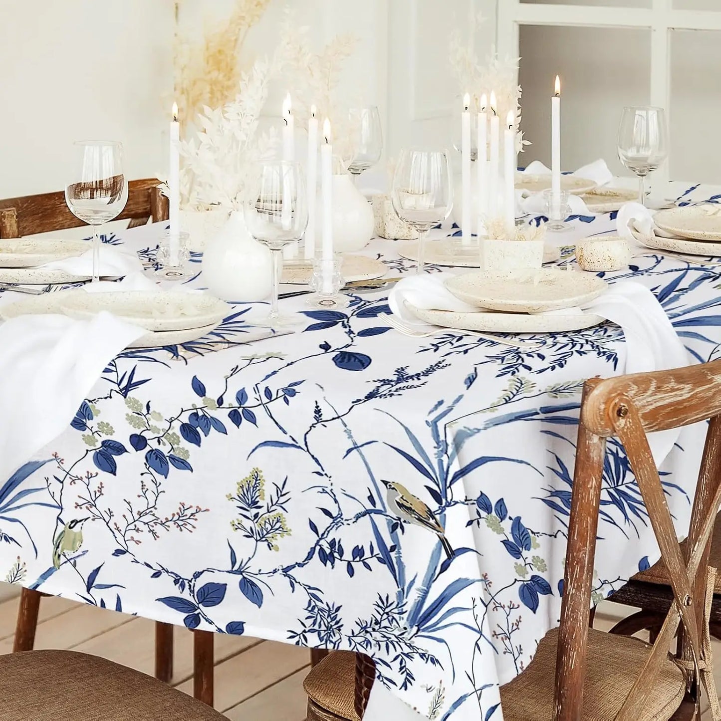 Retro Blue Bird Flowers Waterproof Tablecloth