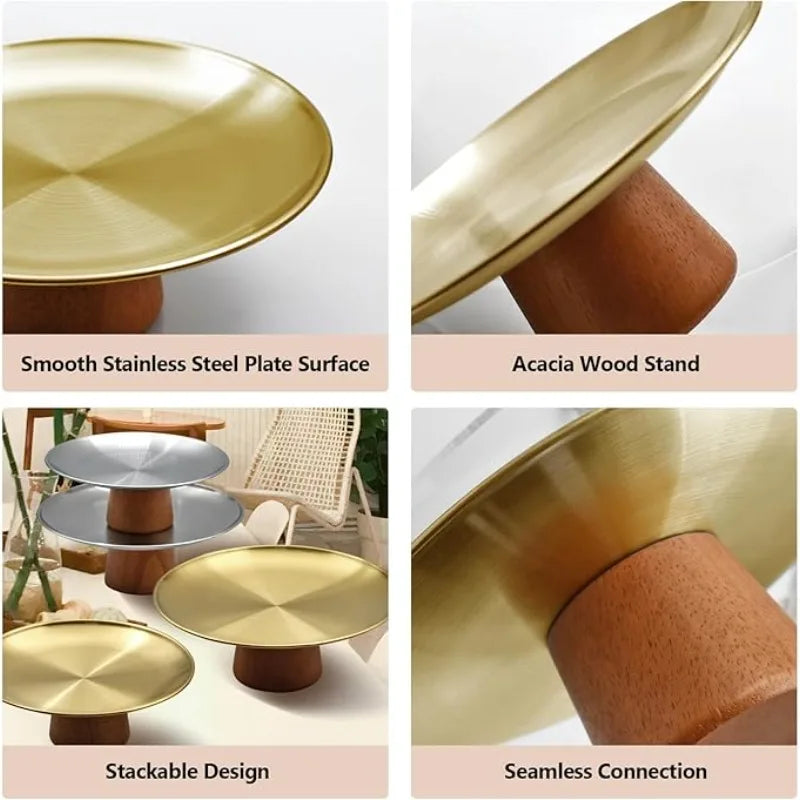 Stainless Steel Cake Tray Wooden Base