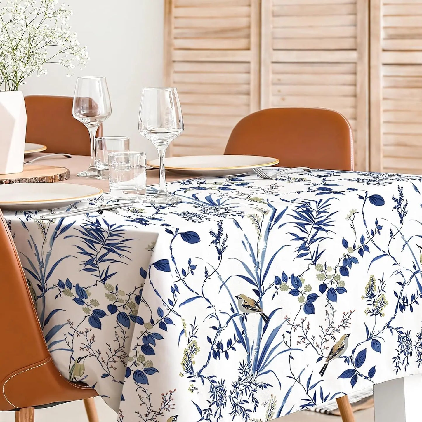Retro Blue Bird Flowers Waterproof Tablecloth