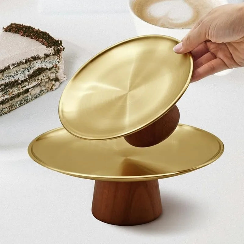 Stainless Steel Cake Tray Wooden Base