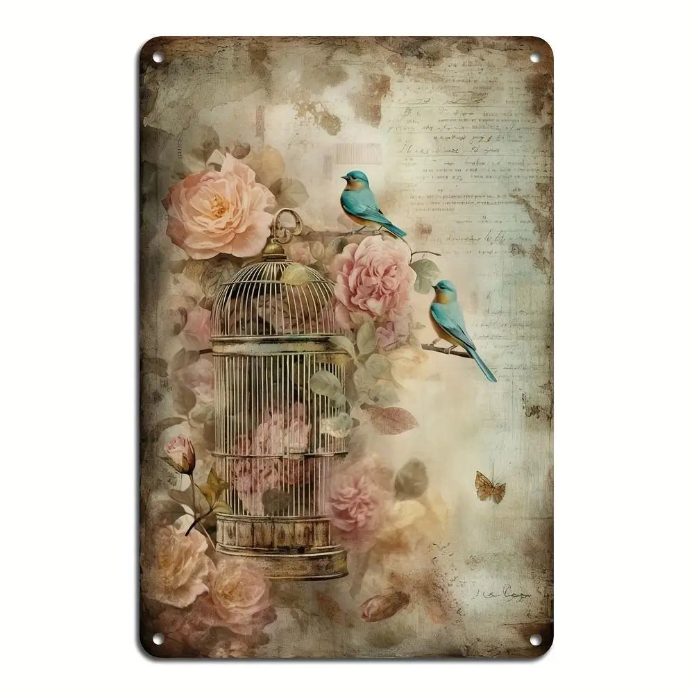 Birdcage and Bluebird with Roses Iron Wall Art