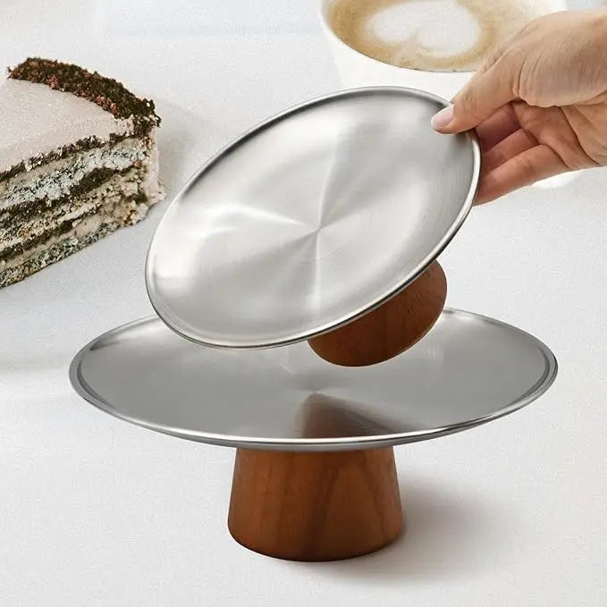 Stainless Steel Cake Tray Wooden Base