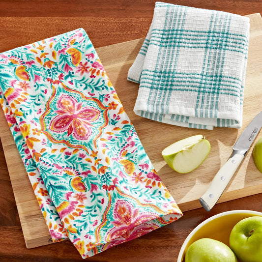 Floral-Plaid Kitchen Towel Set