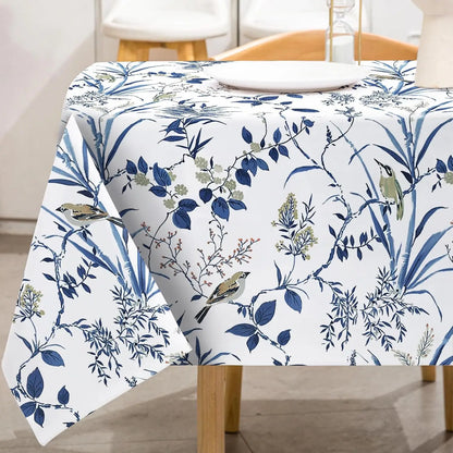 Retro Blue Bird Flowers Waterproof Tablecloth