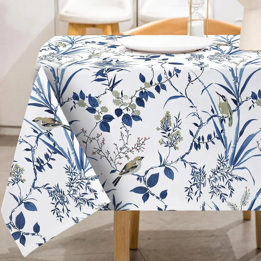 Retro Blue Bird Flowers Waterproof Tablecloth