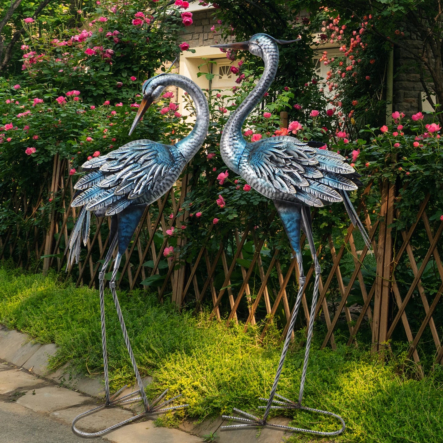 Blue Heron Rustic Metal Garden Crane Statues
