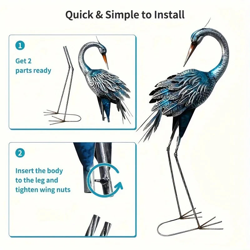 Blue Heron Rustic Metal Garden Crane Statues