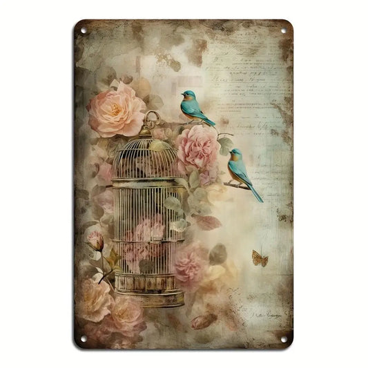 Birdcage and Bluebird with Roses Iron Wall Art