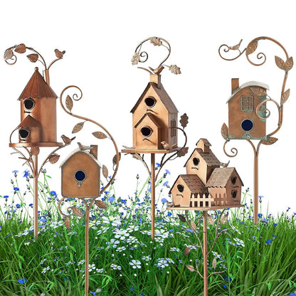 Metal Birdhouse  with Garden Stakes