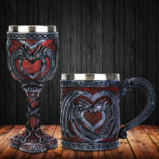 Medieval Double Dragon Heart Stainless Steel Tankard