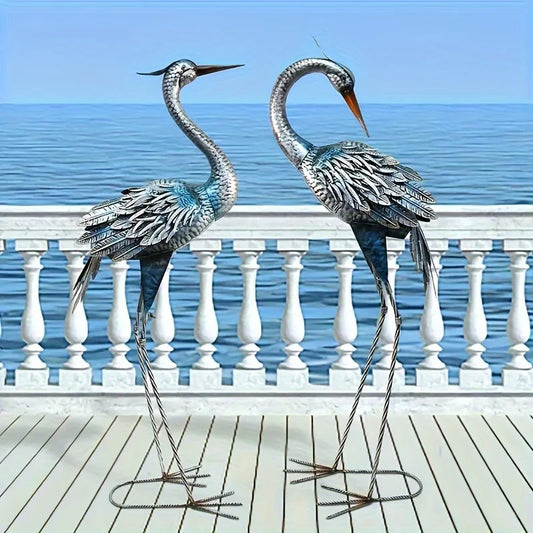 Blue Heron Rustic Metal Garden Crane Statues