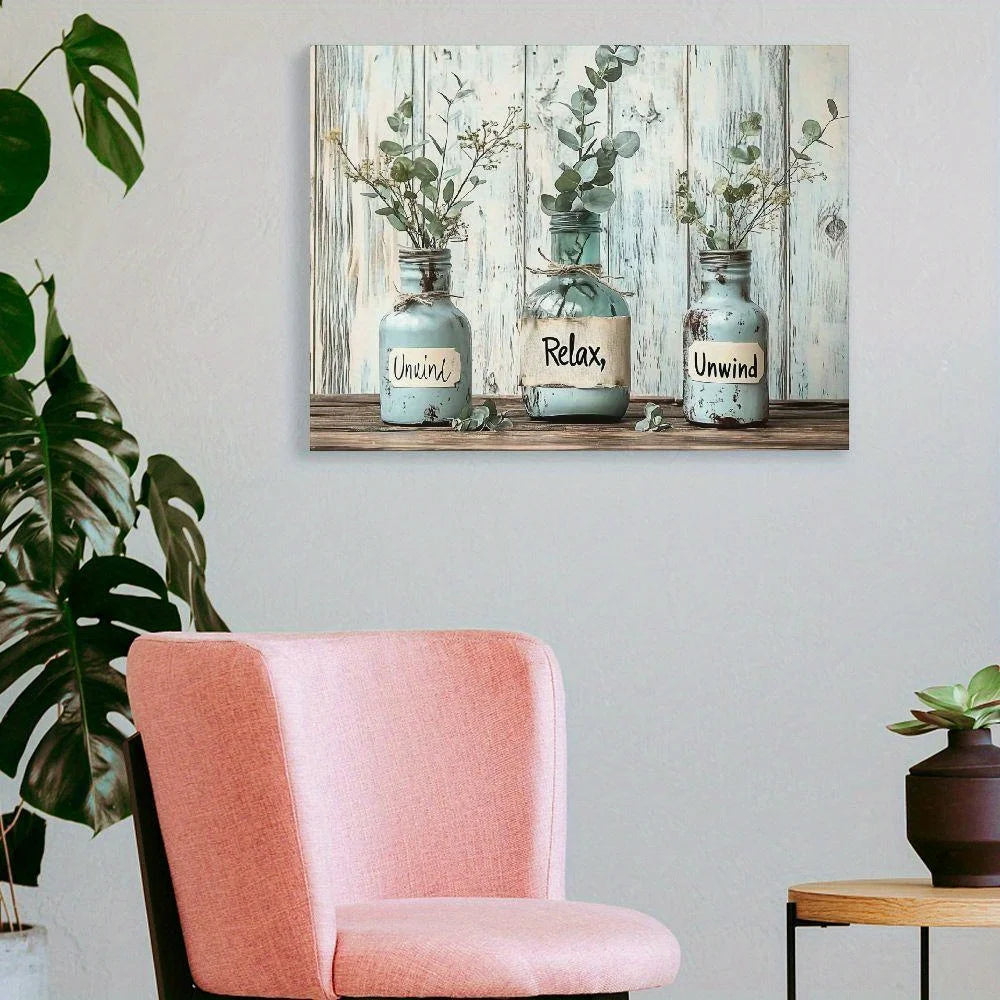 Canvas Green Butterfly Vase Print with Wooden Frame