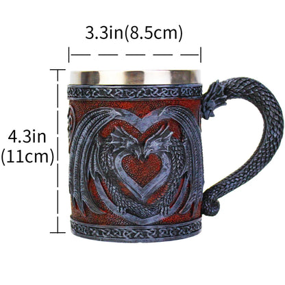 Medieval Double Dragon Heart Stainless Steel Tankard