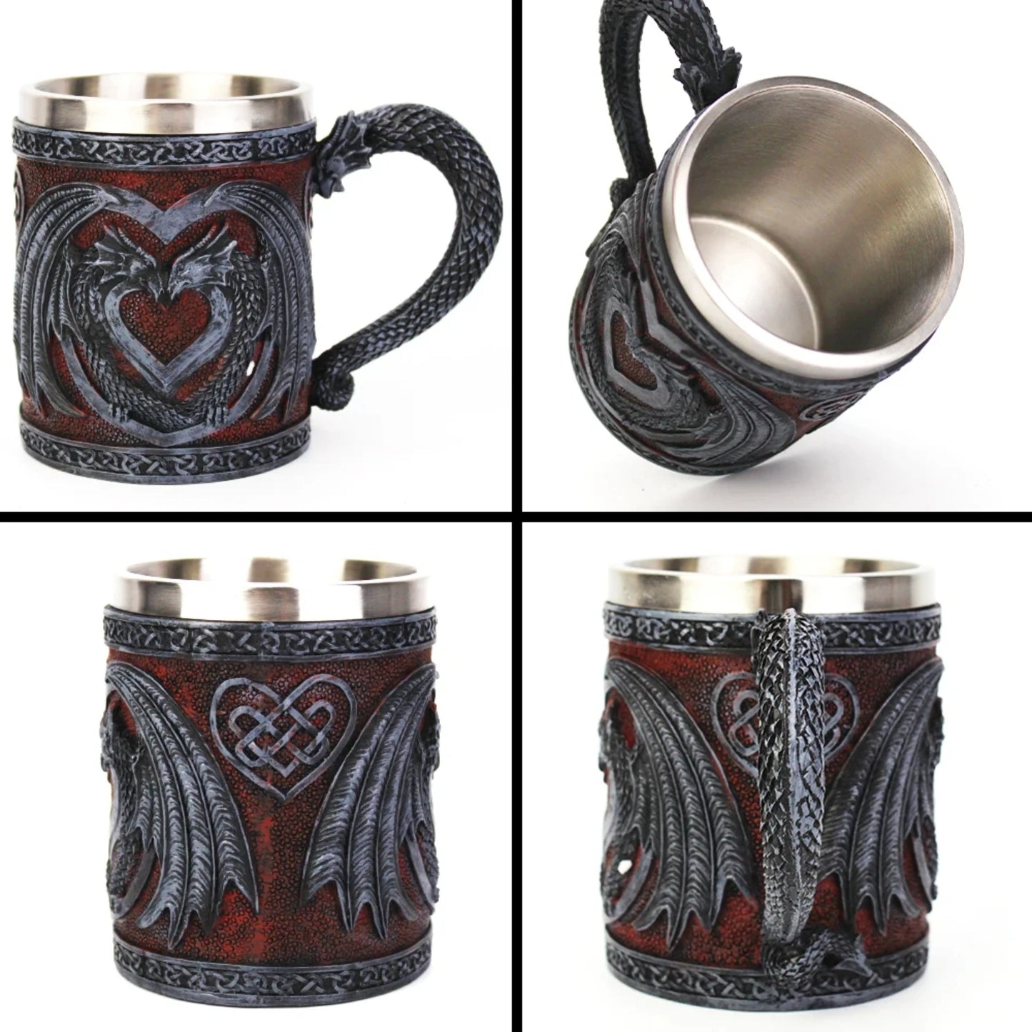 Medieval Double Dragon Heart Stainless Steel Tankard
