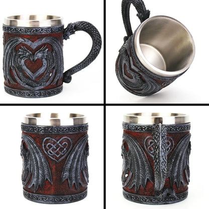 Medieval Double Dragon Heart Stainless Steel Tankard